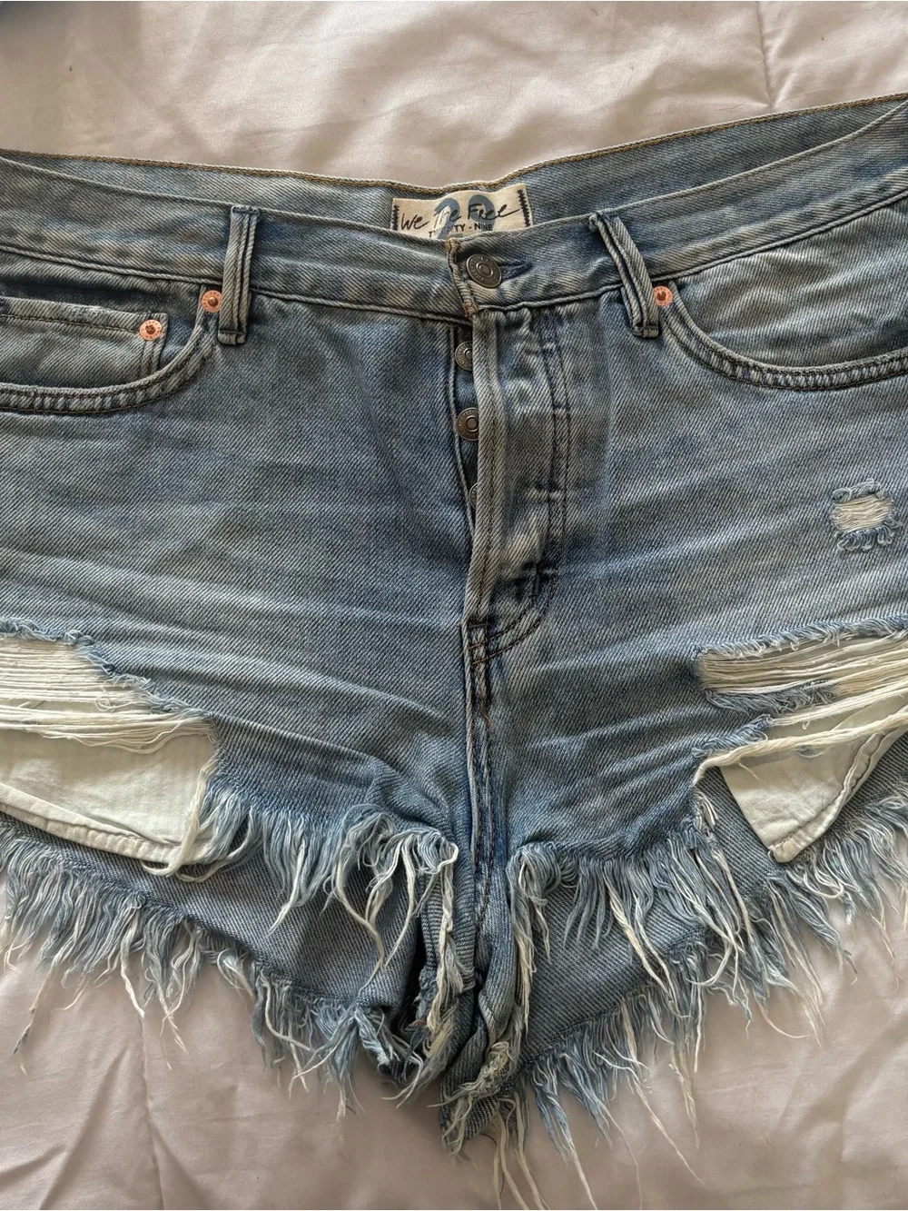 Free People Light Blue Distressed Denim Shorts